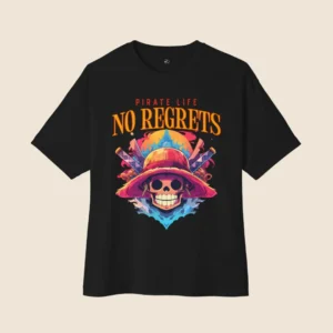 One Piece Inspired Black Oversized T-Shirt – No Regrets Text Graphic