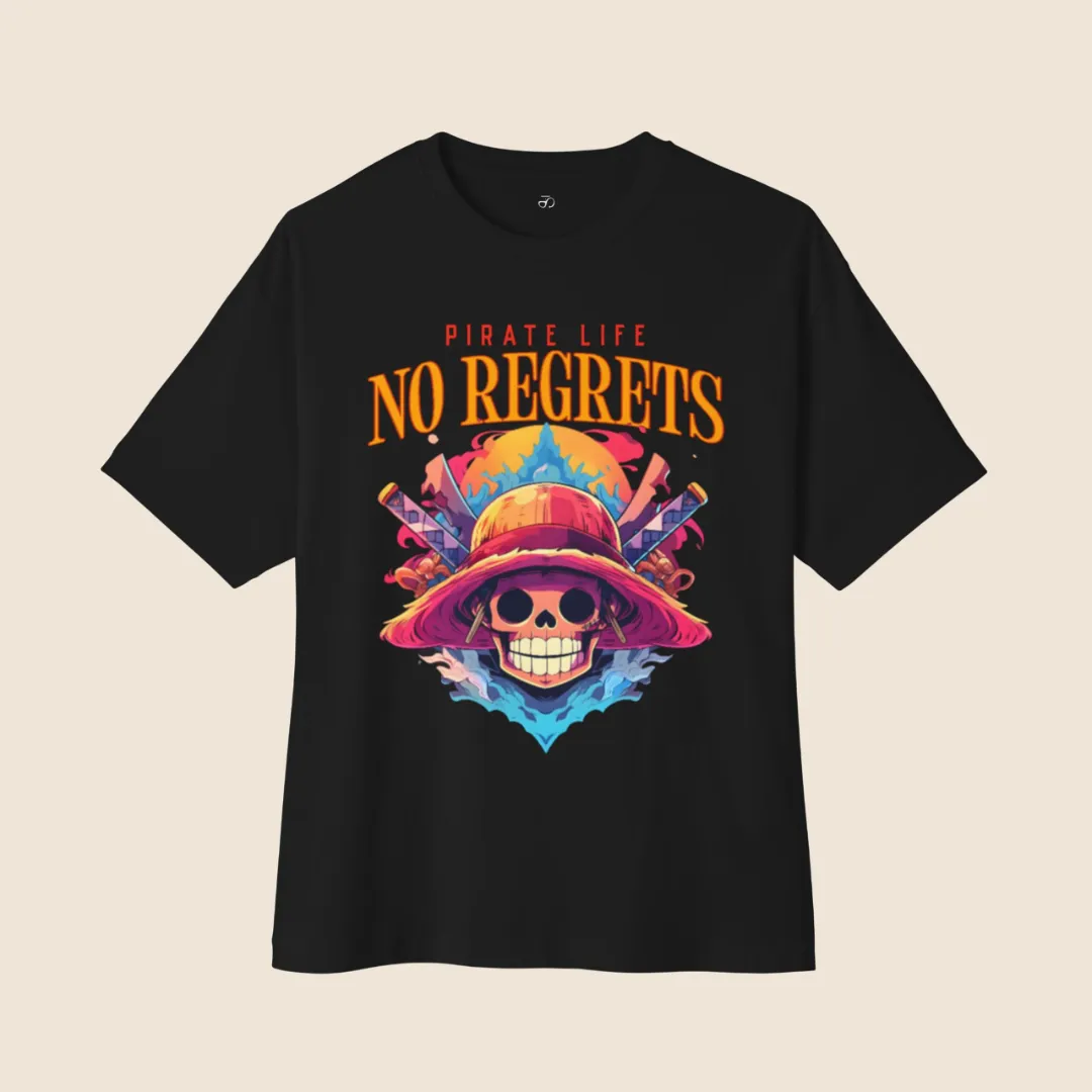 One Piece Inspired Black Oversized T-Shirt – No Regrets Text Graphic