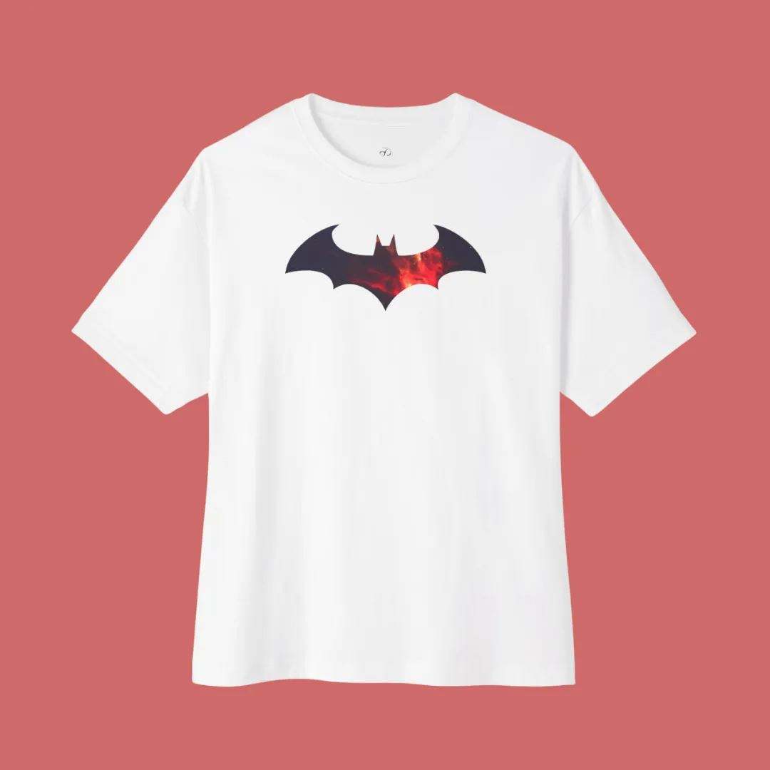 Batman Inspired White Oversized T-Shirt – Colourful Bat Logo Graphic