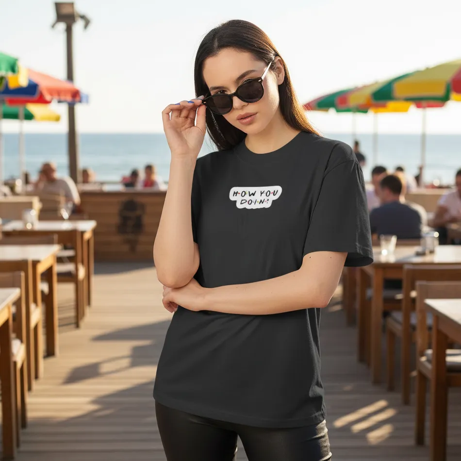 Friends Inspired Black Oversized T-Shirt – How You Doin Text Graphic - Image 4