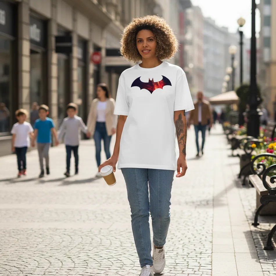 Batman Inspired White Oversized T-Shirt – Colourful Bat Logo Graphic - Image 6