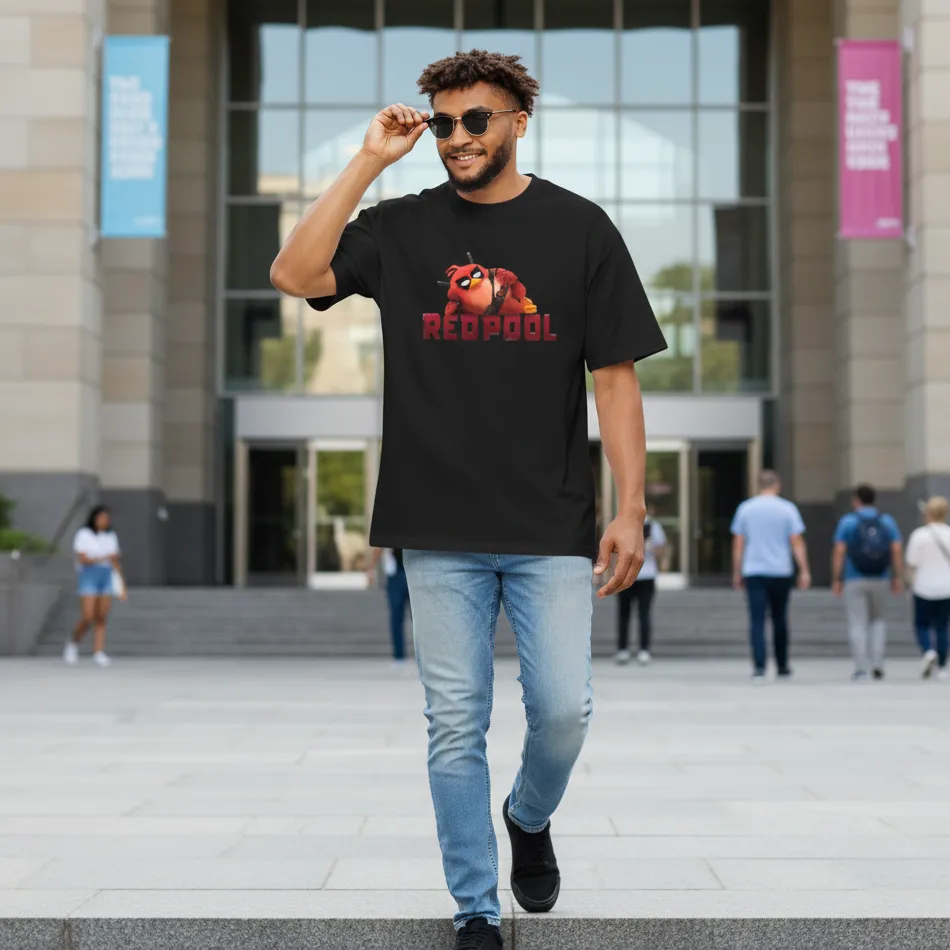 Deadpool & Angry Birds Inspired Black Oversized T-Shirt – Graphic Design - Image 5
