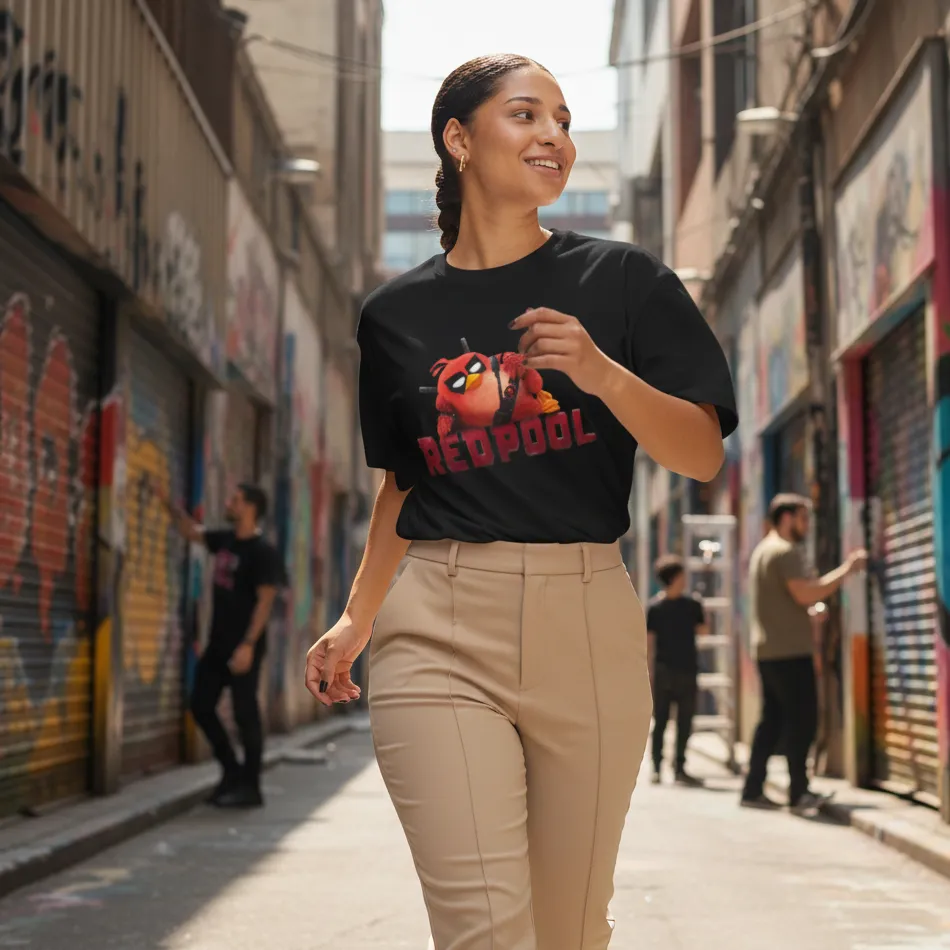 Deadpool & Angry Birds Inspired Black Oversized T-Shirt – Graphic Design - Image 2