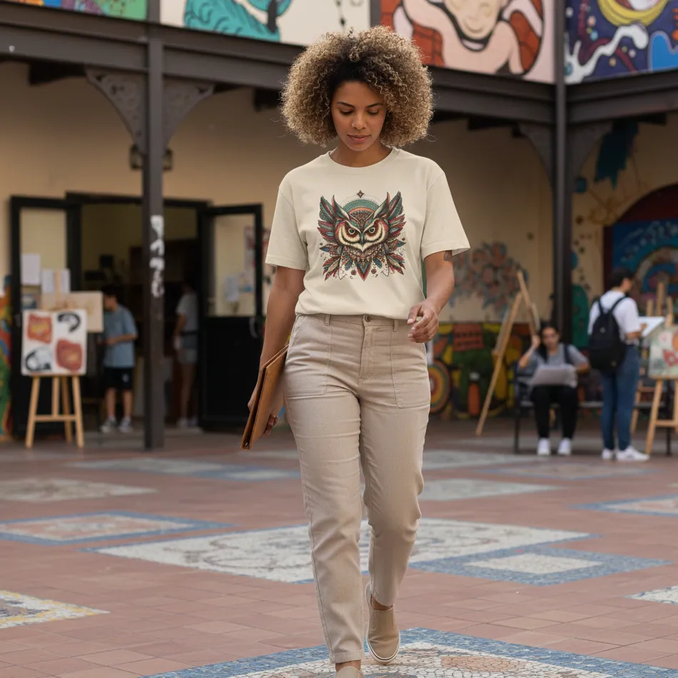 Owl Inspired Beige Oversized T-Shirt – Girlish Graphic - Image 2