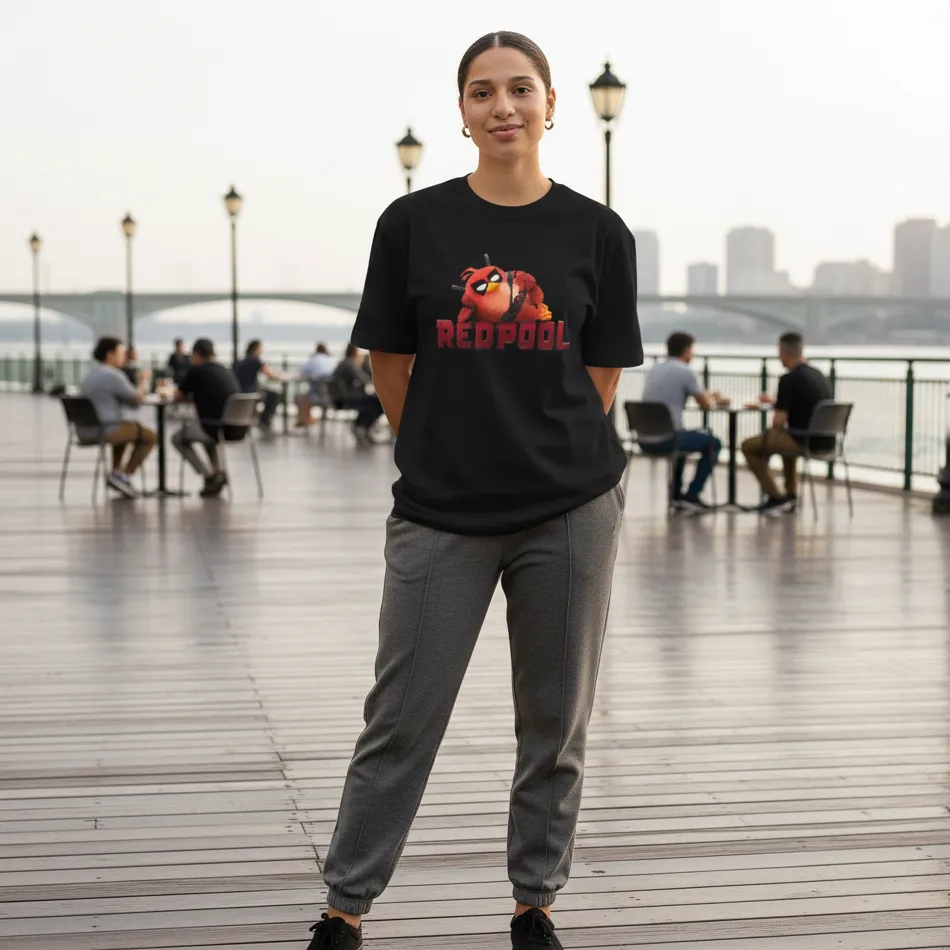 Deadpool & Angry Birds Inspired Black Oversized T-Shirt – Graphic Design - Image 4