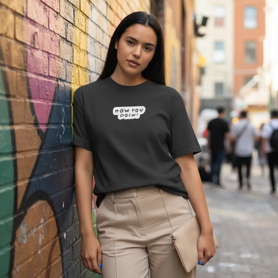 Friends Inspired Black Oversized T-Shirt – How You Doin Text Graphic - Image 2
