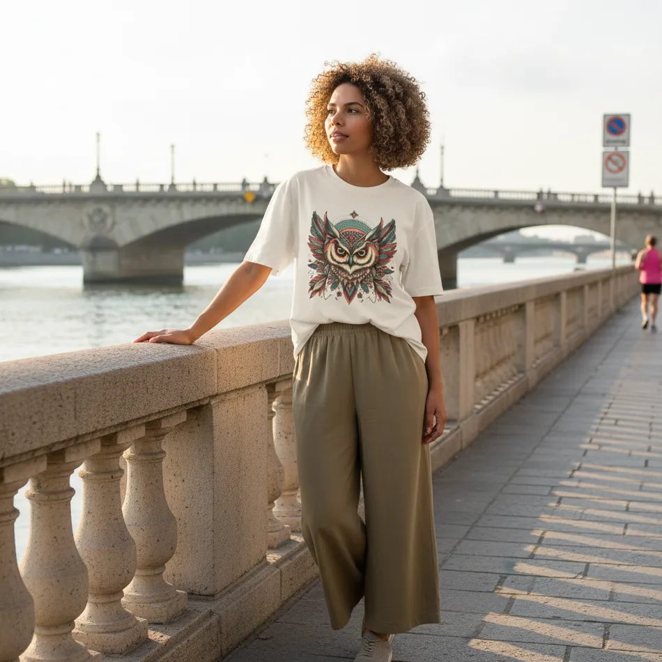 Owl Inspired Beige Oversized T-Shirt – Girlish Graphic - Image 3