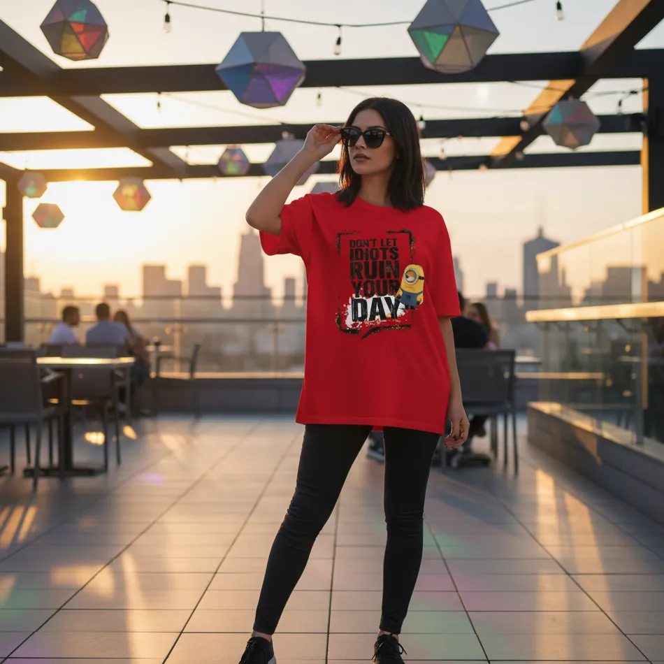 Minions Inspired Red Oversized T-Shirt – Day Saving Text Graphic - Image 7