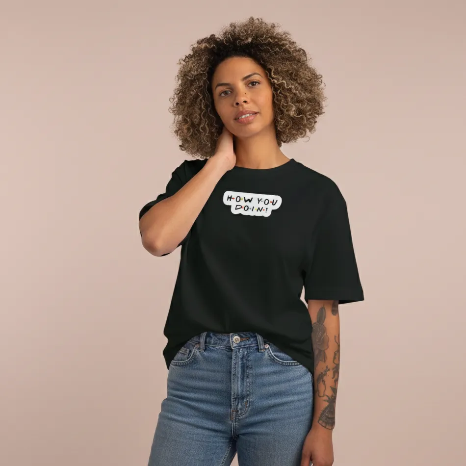 Friends Inspired Black Oversized T-Shirt – How You Doin Text Graphic