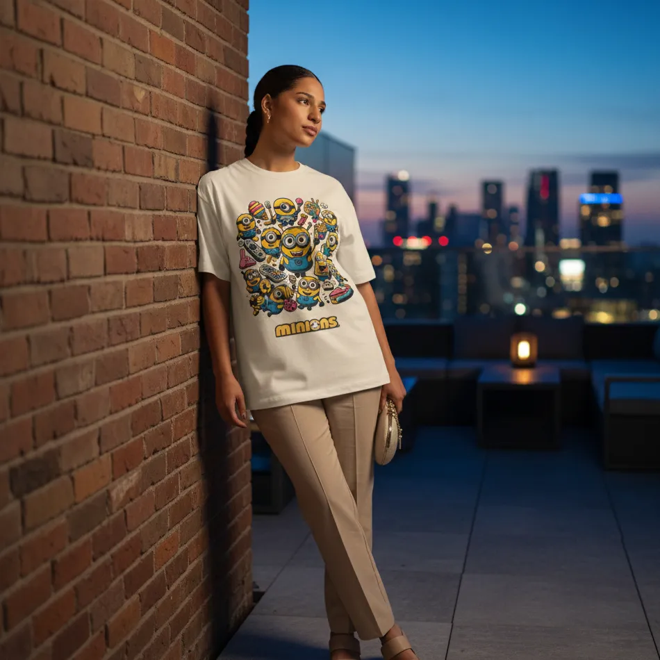 Minions Inspired Beige Oversized T-Shirt – Collage Graphic - Image 4