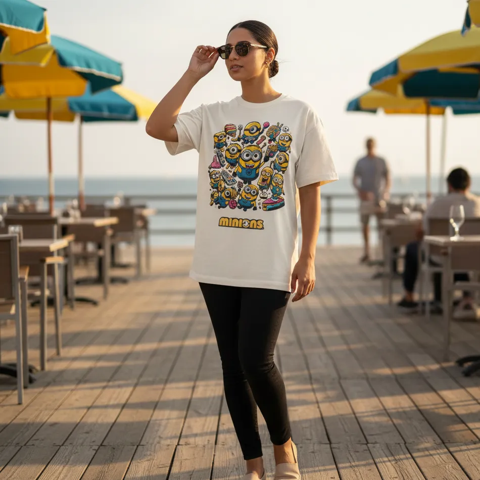 Minions Inspired Beige Oversized T-Shirt – Collage Graphic - Image 6