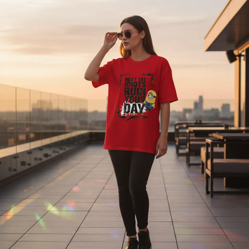 Minions Inspired Red Oversized T-Shirt – Day Saving Text Graphic - Image 5