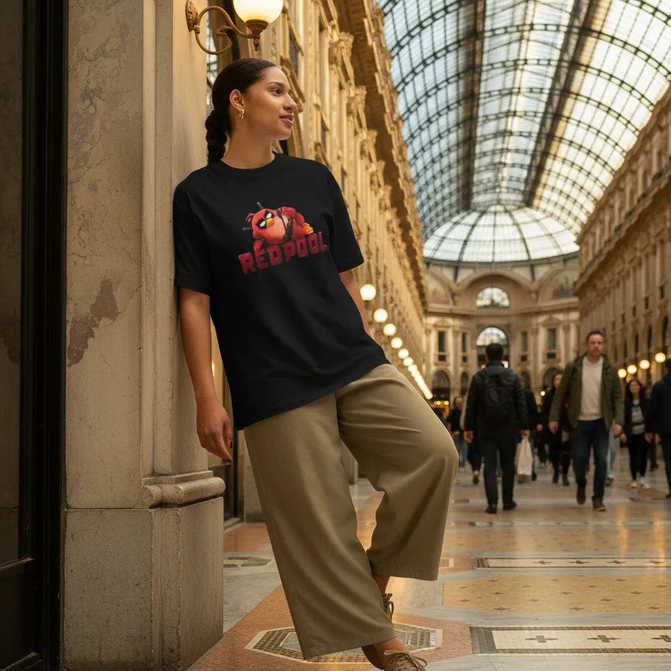 Deadpool & Angry Birds Inspired Black Oversized T-Shirt – Graphic Design - Image 6