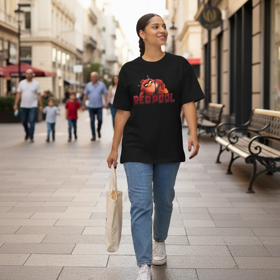 Deadpool & Angry Birds Inspired Black Oversized T-Shirt – Graphic Design - Image 8