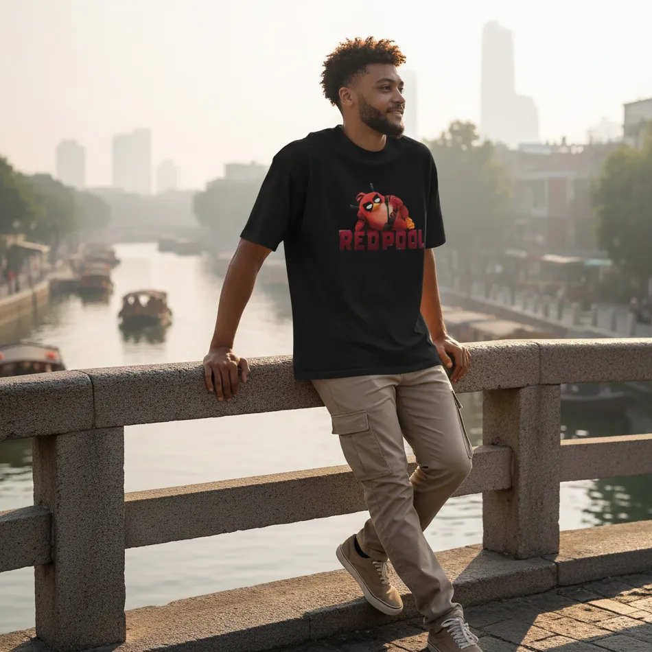 Deadpool & Angry Birds Inspired Black Oversized T-Shirt – Graphic Design - Image 3