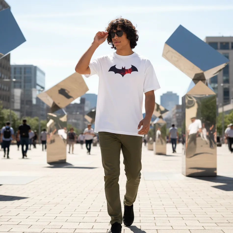 Batman Inspired White Oversized T-Shirt – Colourful Bat Logo Graphic - Image 9