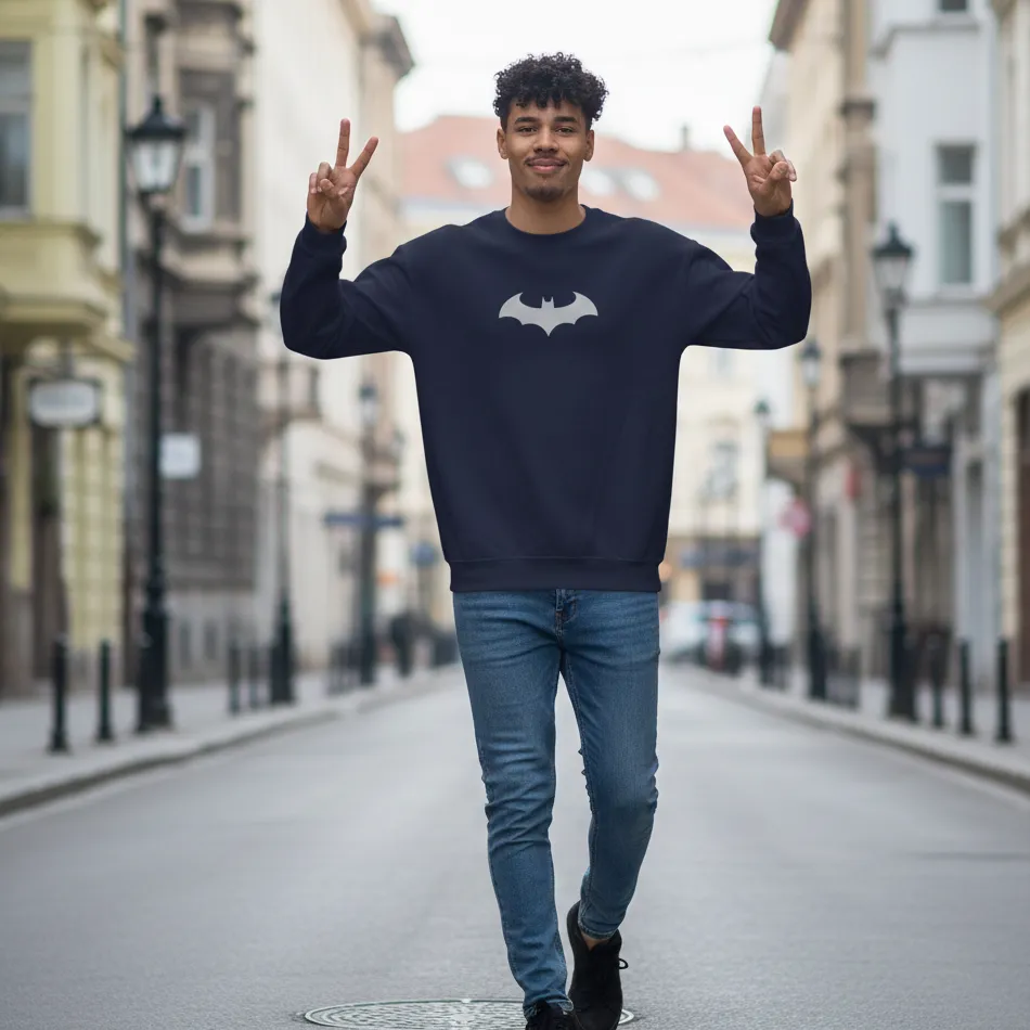 Batman Inspired Navy Sweatshirt for Men | Bat Logo Graphic - Image 4