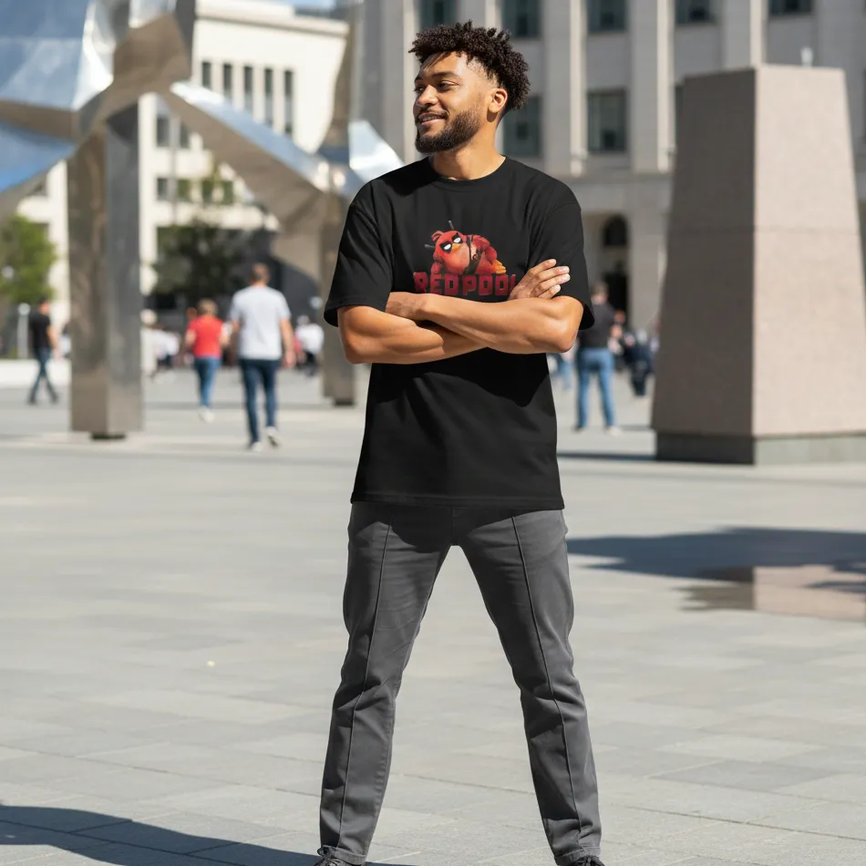 Deadpool & Angry Birds Inspired Black Oversized T-Shirt – Graphic Design - Image 7