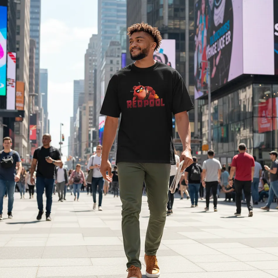 Deadpool & Angry Birds Inspired Black Oversized T-Shirt – Graphic Design - Image 9