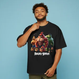 men angry birds inspired black oversized t-shirt