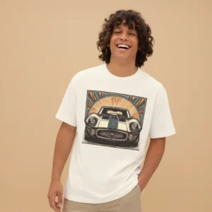 men ford inspired oversized beige t-shirt with racing car graphic