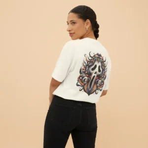 women haunted ghost face oversized beige t-shirt