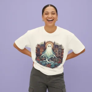 women haunted ghost graphic beige oversized t-shirt