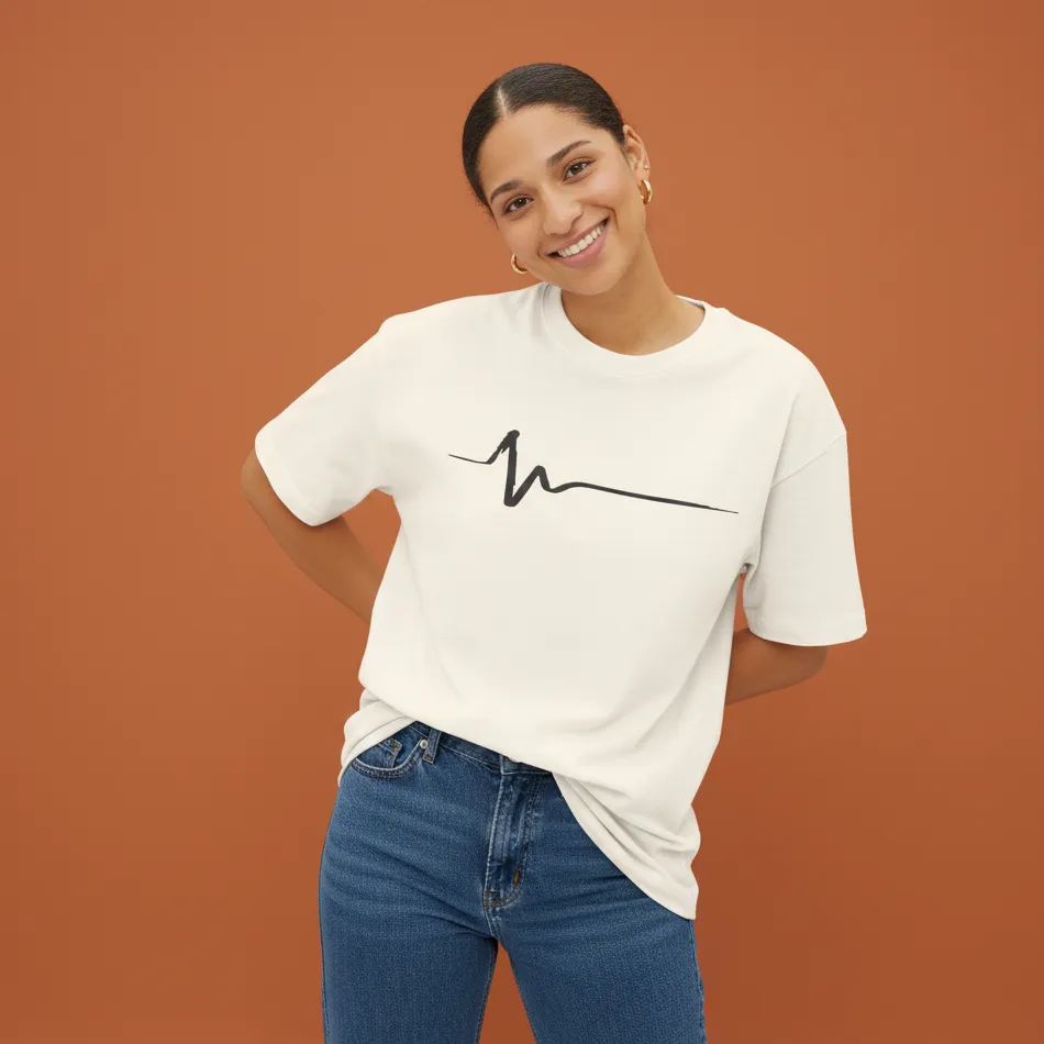 women heartbeat life line graphic beige oversized t-shirt