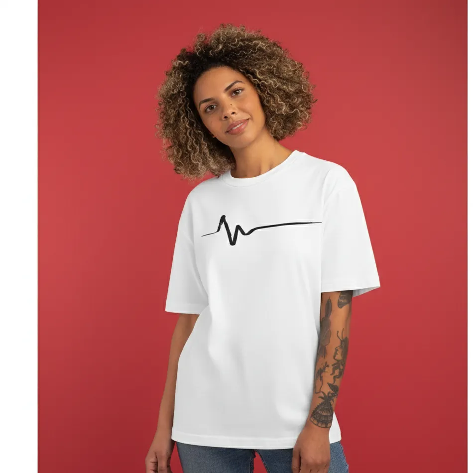 women heartbeat life line graphic white oversized t-shirt