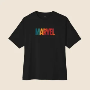 Men marvel text inspired black oversized t-shirt
