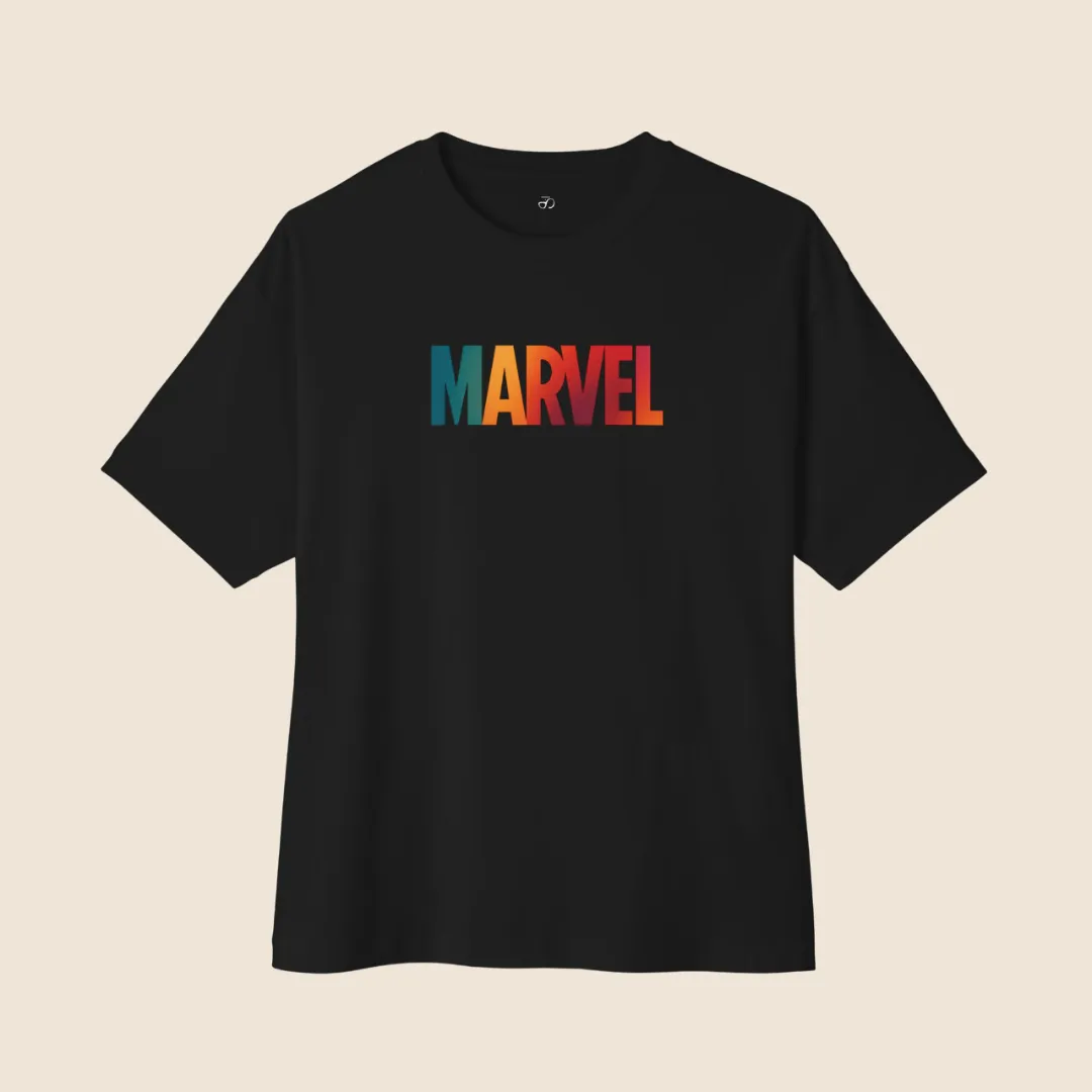 Men marvel text inspired black oversized t-shirt