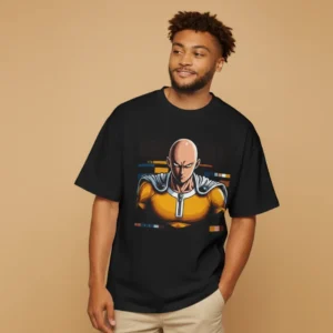 men one punch man inspired oversized black t-shirt saitama graphic