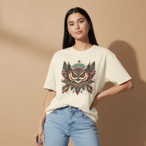 women owl inspired oversized beige t-shirt with girlish back graphic