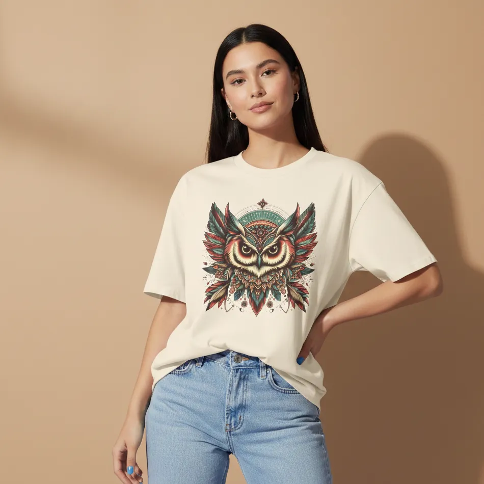 women owl inspired oversized beige t-shirt with girlish back graphic