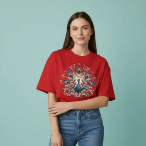 women peacock graphic oversized red t-shirt