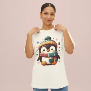 women penguin graphic oversized beige t-shirt