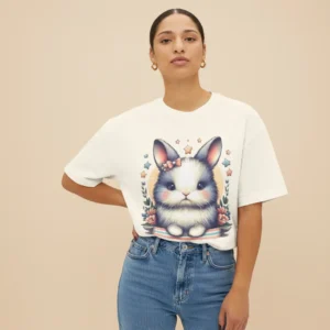 women rabbit graphic oversized beige t-shirt