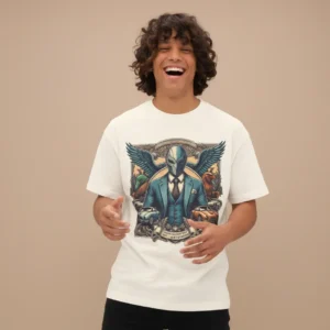 men richness inspired oversized beige t-shirt with graphic print