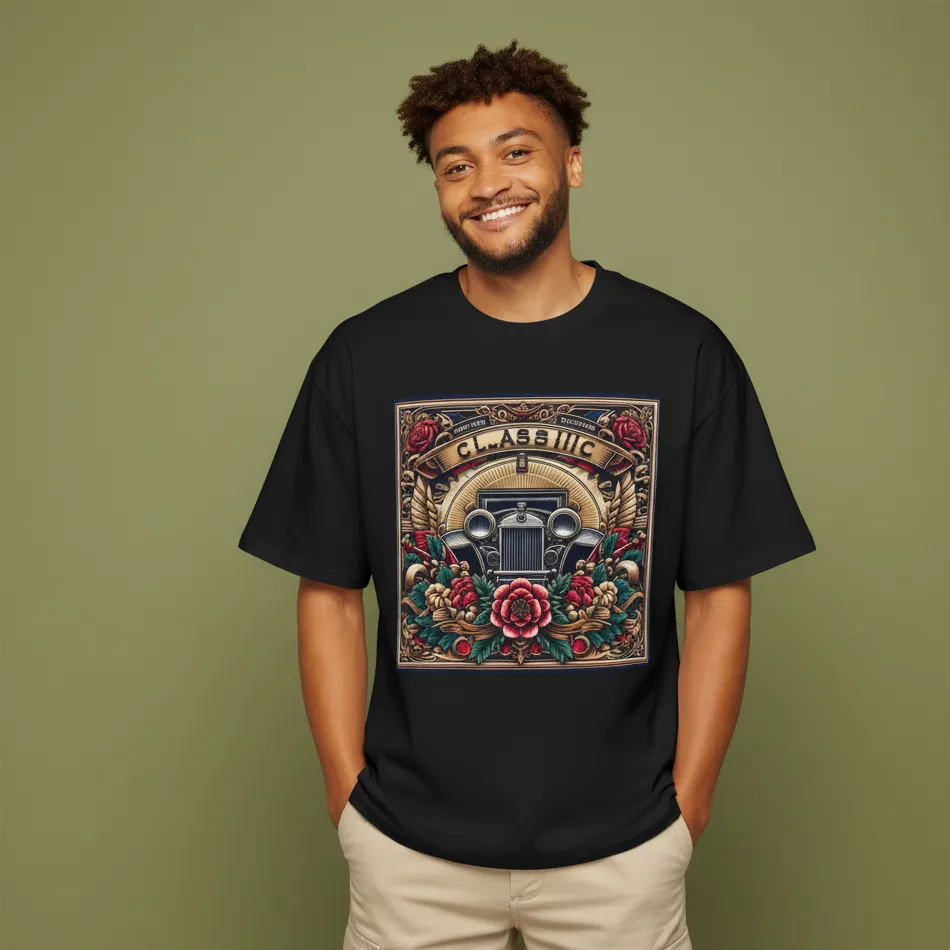 men rolls royce inspired oversized black t-shirt with classic car graphic