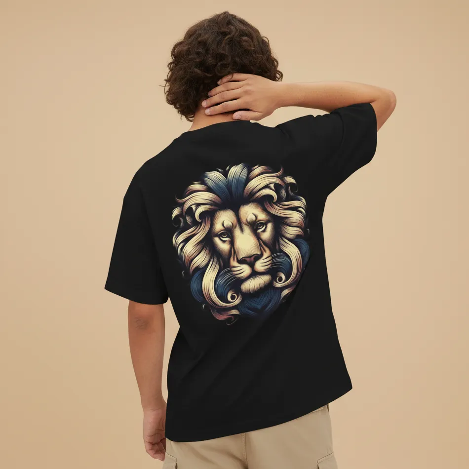 men royalty inspired oversized black t-shirt with lion back graphic