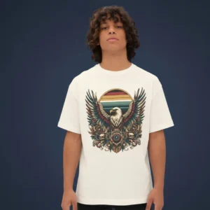 men sharpness inspired oversized beige t-shirt with hawk graphic