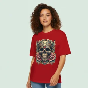 women skull floral inspired oversized red t-shirt