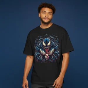 men venom inspired oversized black t-shirt fighting pose graphic