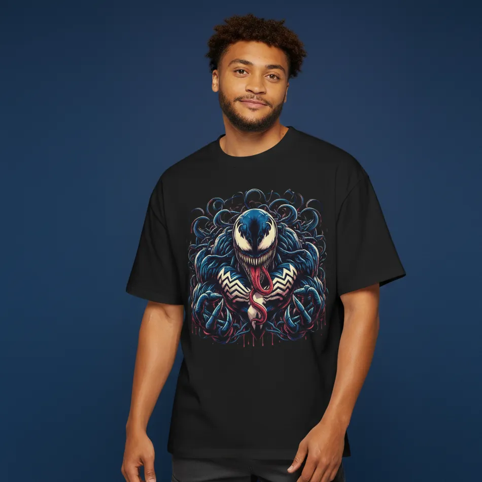 men venom inspired oversized black t-shirt fighting pose graphic