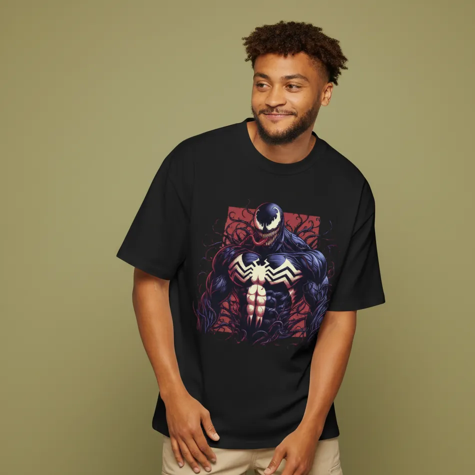 men venom inspired black oversized t-shirt muscular graphic
